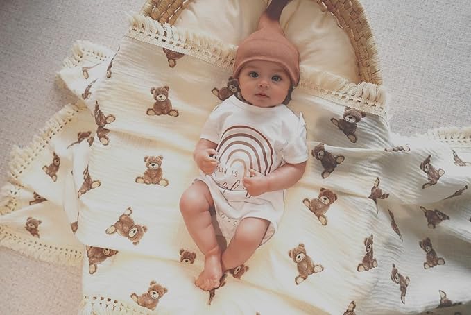 Little Jump Cotton Muslin Swaddle Blankets with Tassel, Boho Bohimia Muslin Baby Blanket Neutral with Fringe, Vintage Teddy Bear Nursery Decor Muslin Throw Blanket 47" x40" (Teddy Bears)
