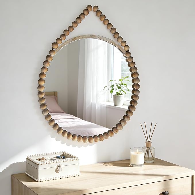 POZINO Wood Beaded Round Mirror, 28" Rustic Farmhouse Hanging Mirrors with Wooden Spherical Frame, Boho Circle Mirrors for Bathroom Bedroom Living Room Hallway Entryway Fireplace