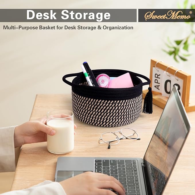 Small Empty Gift Basket to Fill with Handles, Little Cute Woven Baskets for Man, Boys Gifting – Mini Storage Bin for office Desk, Bathroom, Plant Decor with Gift Bag & Ribbon – Black Brown