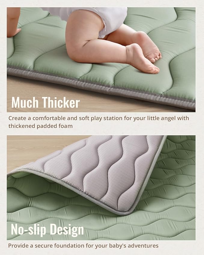 Blissful Diary Baby Play Mats for Floor, 71x59 Inch Extra Thicker & Large Soft Cushioning Foam Playmats for Babies and Toddlers, Foldable Washable Baby Crawling Mat for Playpen, Sage Green