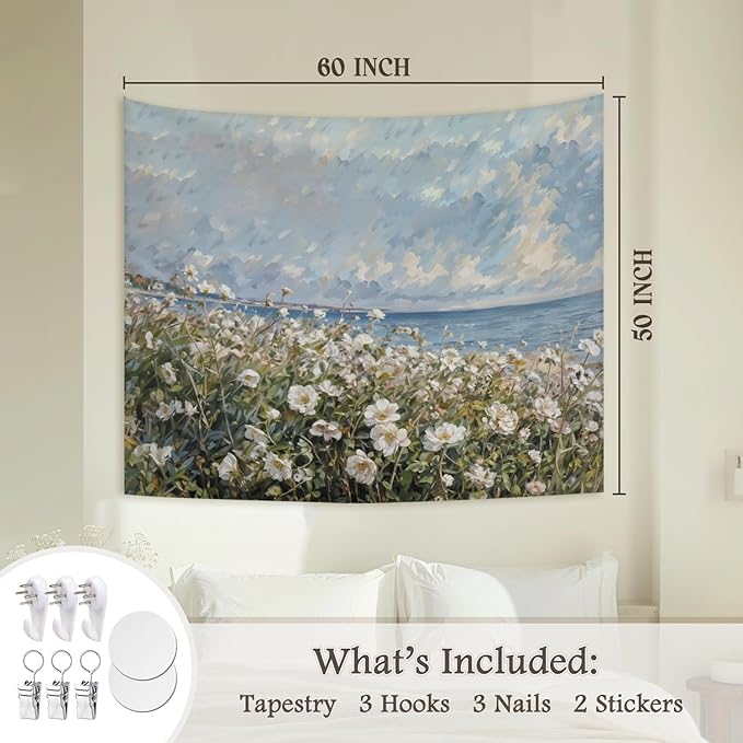 STHTTSW Coastal Wildflower Tapestry, Flower Field Landscape Tapestries Wall Blanket, Preppy Beach Floral Wall Hanging Decor for Teen Girl Women Home Living Room Bedroom, 50x60 Inch
