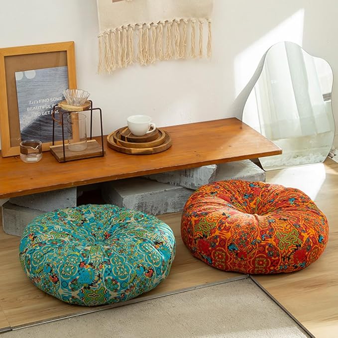Round Bohemian Floor Pillow, Meditation Floor Seat Cushion, Large Soft Cotton Linen Pillows for Yoga Living Room Balcony Outdoor Tatami, 22x22 Inches (Round Blue)