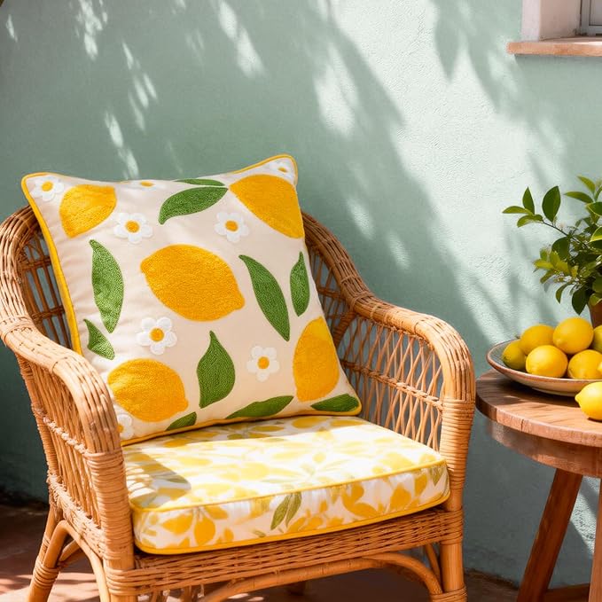 Whaline 2 Pcs Summer Tufted Throw Pillow Covers Embroidered Lemon Daisy Pillow Case Fruit Jacquard Decorative Cushion Case for Living Room Bedroom Couch Sofa Bed Home Decor, 18 x 18 Inch