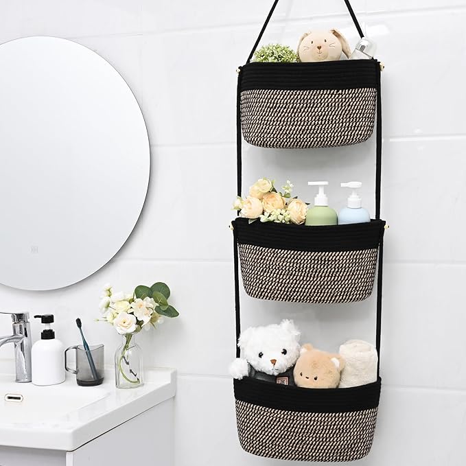 Hanging Basket, 3-Tier Wall Baskets, Over the Door Organizer with 4 Hooks, Hanging Baskets for Organizing, Woven Storage Basket Behind the Door for Nursery, Bedroom, Living Room, Kitchen