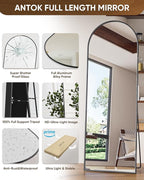 Antok 65" x22” Arched Full Length Floor Mirror, Black Aluminum Frame, Free Standing/Wall Mount/Leaning for Bedroom, Living Room, Dressing Room