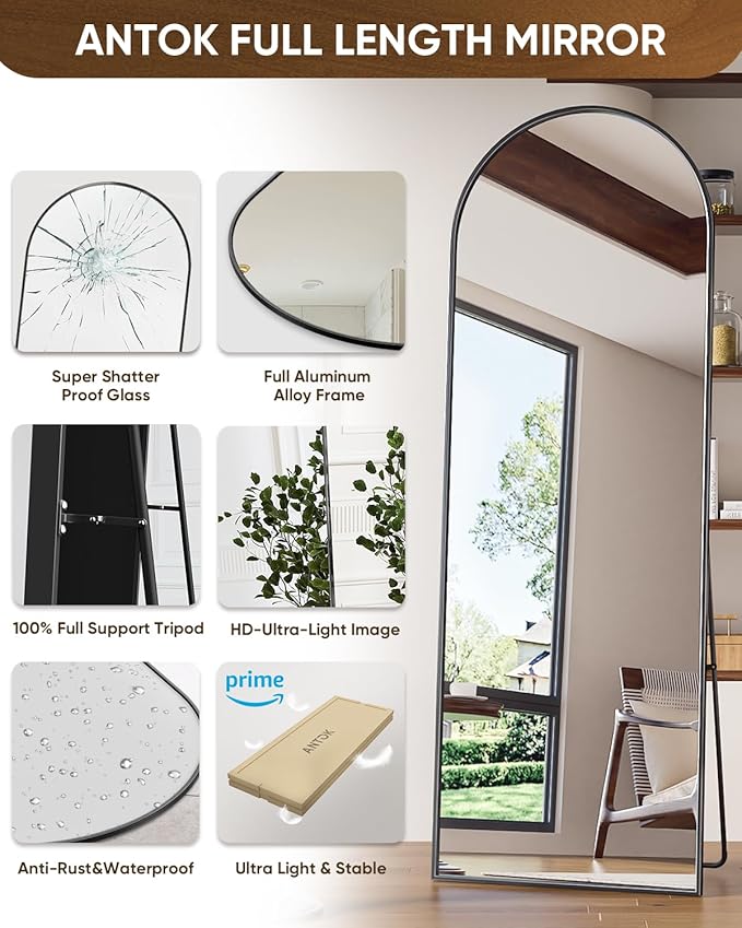 Antok 65" x22” Arched Full Length Floor Mirror, Black Aluminum Frame, Free Standing/Wall Mount/Leaning for Bedroom, Living Room, Dressing Room