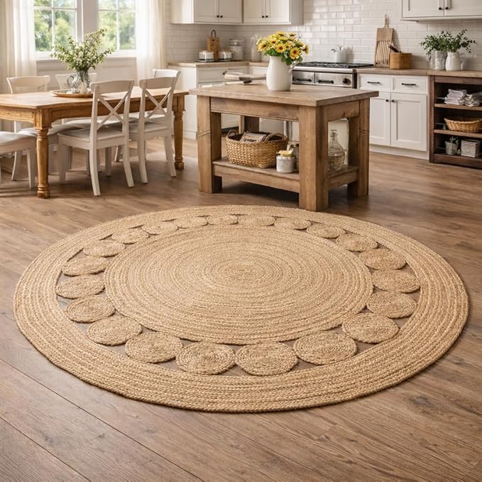 Savi Home Round Jute Area Rug Handwoven- 8 feet Round- Natural Beige - Rustic Vintage Beige Braided Reversible Rug- Eco Friendly Rugs for Farmhouse, Bedroom, Kitchen, Living Room