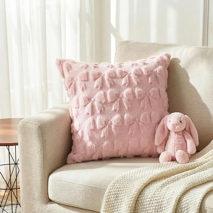 AVOIN colorlife Pink Spring Bow Throw Pillow Covers Set of 2, 16 x 16 Inch Coquette Aesthetic Room Decor Soft Plush Faux Fur Cushion Case for Girls Room