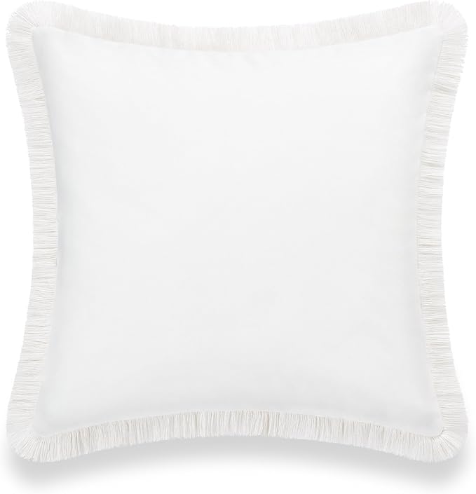 Hofdeco Premium Coastal Patio Indoor Outdoor Pillow Cover Only, 20"x20" Water Resistant, Solid with White Fringe for Backyard, Couch.