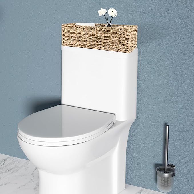 Small Wicker Baskets 2 Pack, Hand Woven Toilet Basket Tank Topper, Toilet Tank Basket for Bathroom Organizing, Seagrass Storage Baskets for Toilet Paper (14.4"Lx6.1"Wx4.4"H)