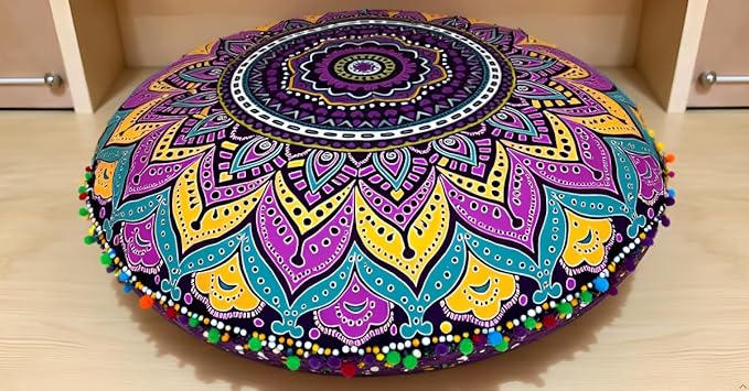 Round Mandala Floor Pillow Cover Seating Cushion Throw Cover Ottoman Pouf Cover Pom Pom Pillow Cases Hippie Decorative Bohemian Boho Indian 22 Inches (New Pink)