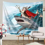 Viajar Cat Riding Shark Tapestry, Japanese Style Wall Art, Bedroom Aesthetic, Funny Cat Tapestry for Kids, 60X40 Inch