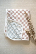 Little Jump 2- Layers Jersey Knitted Swaddle Blanket, Premium Baby Blanket,Soft Stretchy Quilt for Babies, Toddlers, Kids (Coffee & sage cherckered)