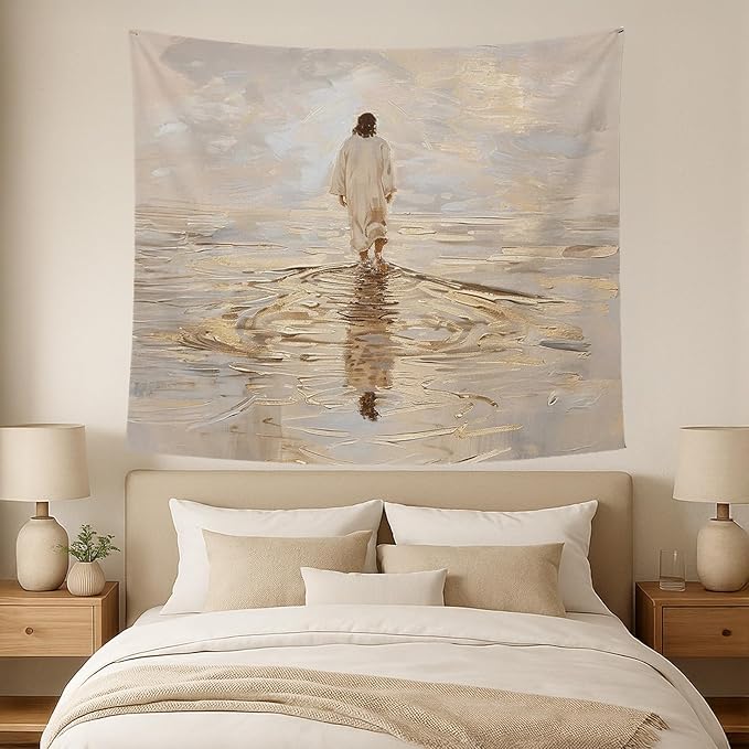 bitCNY Jesus Walking on Water Golden Glow Tapestry – Christian Wall Hanging with Divine Light, Faith-Inspired Religious Home Decor, 50x60 Inch