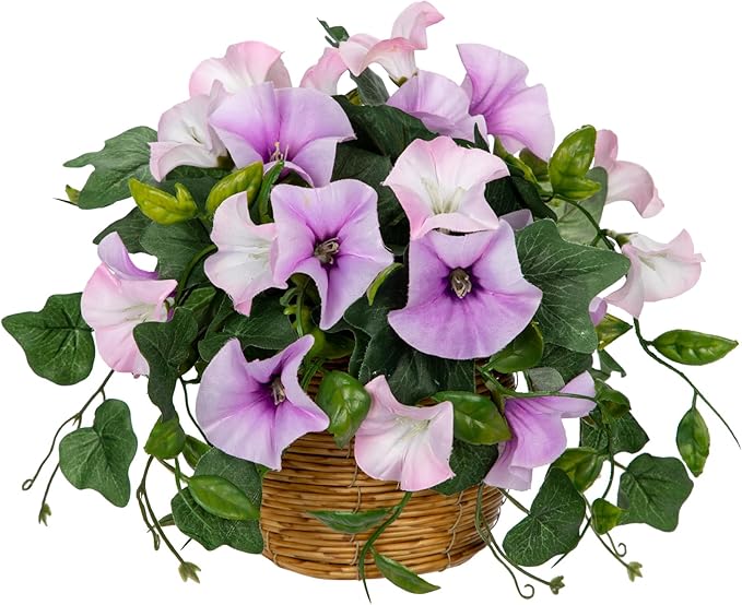 Briful Artificial Flower Arrangements for Tables Fake Potted Morning Glory Silk Flowers with Rattan Basket Faux Floral Centerpiece for Home Office Bedroom Wedding Party Decor(White Purple)