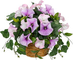 Briful Artificial Flower Arrangements for Tables Fake Potted Morning Glory Silk Flowers with Rattan Basket Faux Floral Centerpiece for Home Office Bedroom Wedding Party Decor(White Purple)