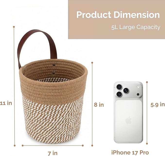 2Pack Natural Jute Hanging Baskets 7 * 8 in, Round Woven Wall Decor & Storage Planter for Plant Decor and Home Organization,Walls Basket for Bedroom, Living Room, Bathroom,Boho Decor (Brown)