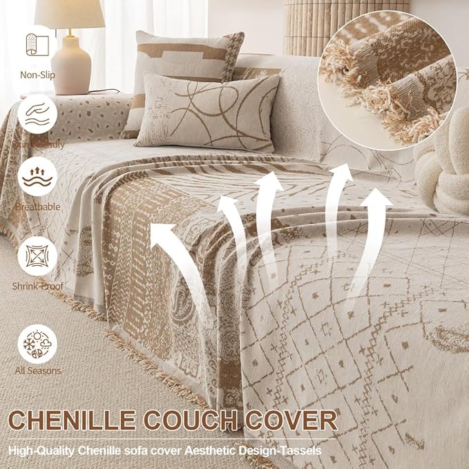 ROOMLIFE Boho Khaki Couch Covers for 3 Cushion Sofa, Chenille Couch Cover Sectional Sofa Cover for Dog, Washable Furniture Sofa Protector Cover Soft Blanket with Tassel for Living Room, 71 '' X 118''
