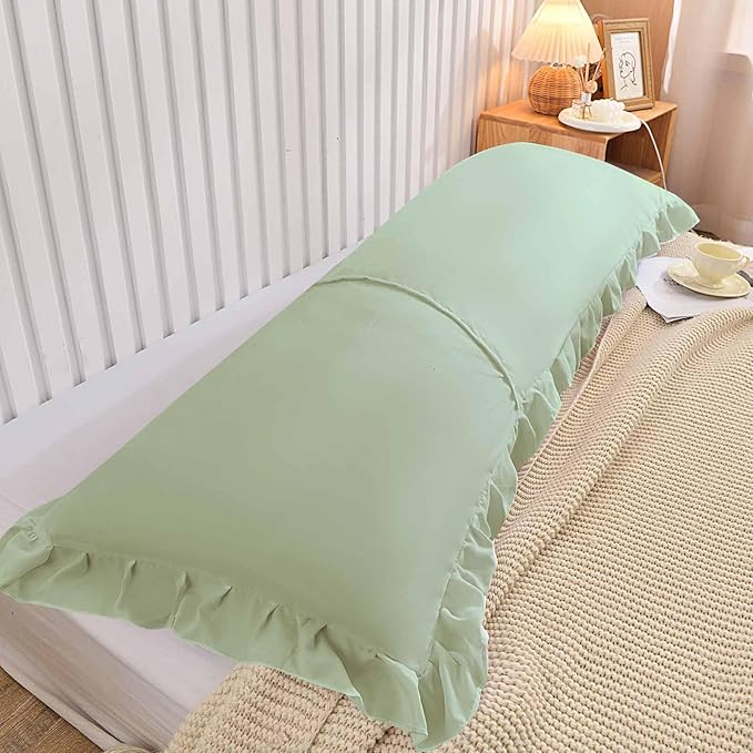 Nanko Body Pillow Case Cover 1 Pack 20x54, Sage Green Ruffled Boho Soft Shabby Chic Microfiber Long Decorative Pillow Covers/Pillow Shams, Comfortable Body Pillowcase for Women Men