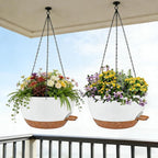 2 Pack 12 Inch Self Watering Hanging Planters for Indoor Plants, Large White Brown Plastic Hanging Pots with Chains for Outdoor Patio Garden Home Decor White Brown