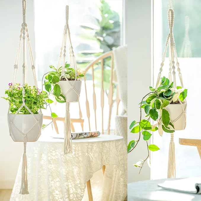 Mkono 3 Pack Macrame Plant Hangers, Different Sizes Hanging Planters Indoor Basket Decorative Flower Pots Holder Stand Boho Home Decor, Ivory