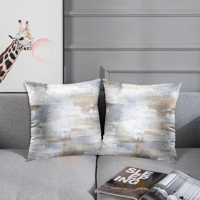 Britimes Throw Pillow Covers Modern Home Art Decor, 18 x 18 Inches Set of 2 Abstract Oil Painting Pillowcases for Bedroom, Living Room, Cushion Couch Sofa, Abstract Beige Grey Blue