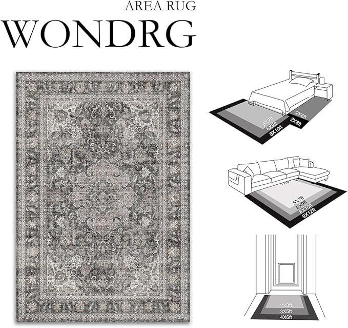 9x12 Vintage Area Rug Black Grey Living Room Bedroom Washable Carpet Non-Slip Soft Low Pile Distressed Indoor Large Throw Rug for Dining Room Office