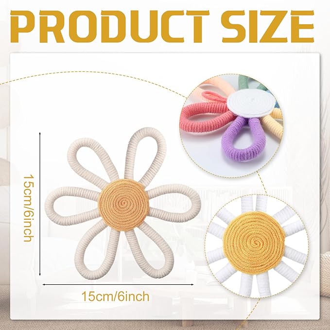 Ripeng 6 Pcs Boho Nursery Decor Flower Daisy Wall Art 6 Inch Woven Macrame Wall Hanging Bohemian Flower Decor Daisy Nursery for Baby Girls Kids Home Bedroom(Stylish Color)