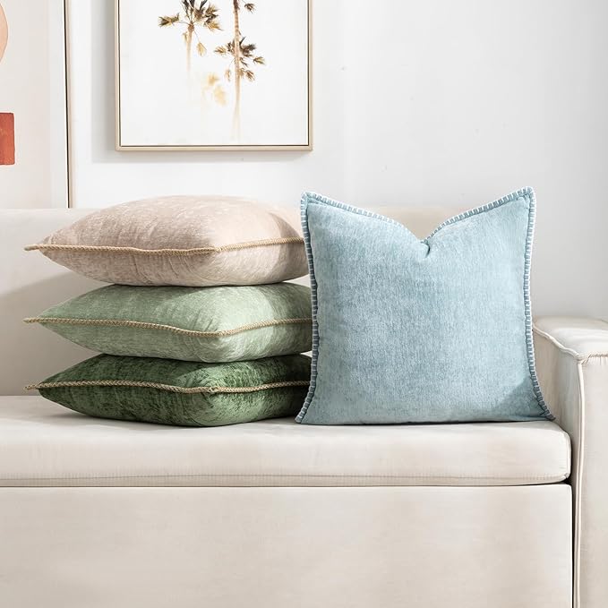 Decorative Throw Pillow Covers Pack of 2, 18x18 In Chenille Soft Pillow Covers with Stitched Edge, Farmhouse Neutral Euro Decorative Pillows for Bed Couch Sofa Home Decor Living Room, Blue