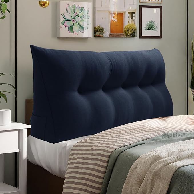 WOWMAX 80% Cotton & 20% Linen Blend Headboard Pillow – Queen Size Reading Wedge Backrest for Bed, Handmade Firm Support Bolster Cushion with Removable Cover, Premium Bed Rest Pillow, Blue