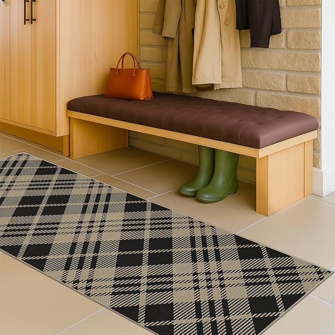 JTJ Geometric Outdoor Runner 2x6 - Easy Jute Woven Throw Rug for Kitchen, Balcony, Mudroom, Hallway Runner Non Slip Washable, Low Pile Vintage Black and White Checkered Aesthetic Decor