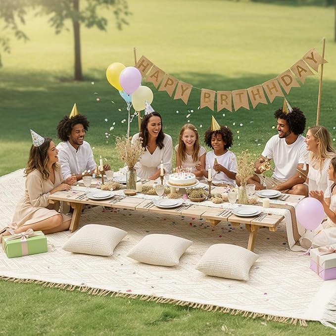 Extra Large Outdoor Boho Picnic Blanket 118'' x 71'' Beige White Table Runner 6 Throw Pillow Cover Woven Cotton Yarn Oversize Beach Blanket Washable for Picnic Camp Wedding