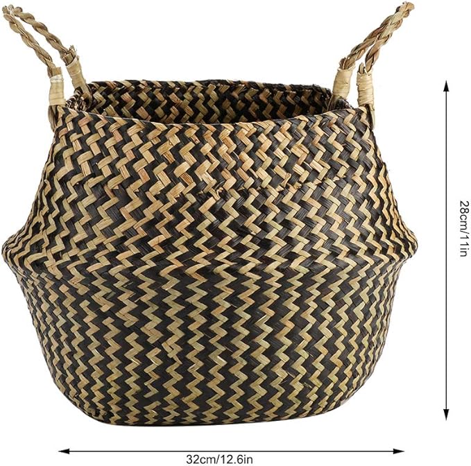 1Pc Woven Seagrass Belly Basket for Storage, Laundry, Picnic, Plant Pot Cover, and Grocery and Toy Storage (Black (Wavy Pattern))