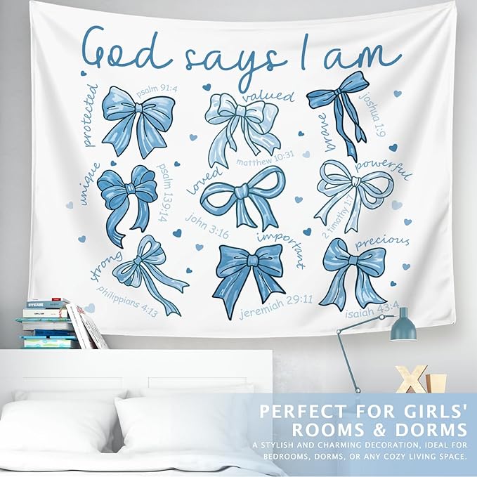 LIANGW Blue Bow Christian Tapestry, Bible Bow Aesthetic for Girls Bedroom for Dorm Room, Inspirational Christian Tapestries for Women, Faith - Based Blue Room Decor Aesthetic 50x60 inch