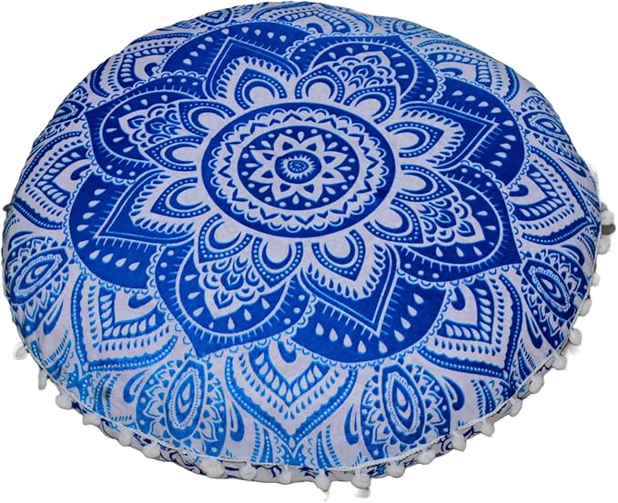 CRAFT KALA 22" Mandala Meditation Floor Pillows Cover Pouf Cover Round Seating Bohemian Mandala Cotton Floor Cushion Cover Outdoor Fireplace Seating Living Room Yoga Room Home Décor (Blue Flower)