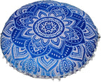 CRAFT KALA 22" Mandala Meditation Floor Pillows Cover Pouf Cover Round Seating Bohemian Mandala Cotton Floor Cushion Cover Outdoor Fireplace Seating Living Room Yoga Room Home Décor (Blue Flower)