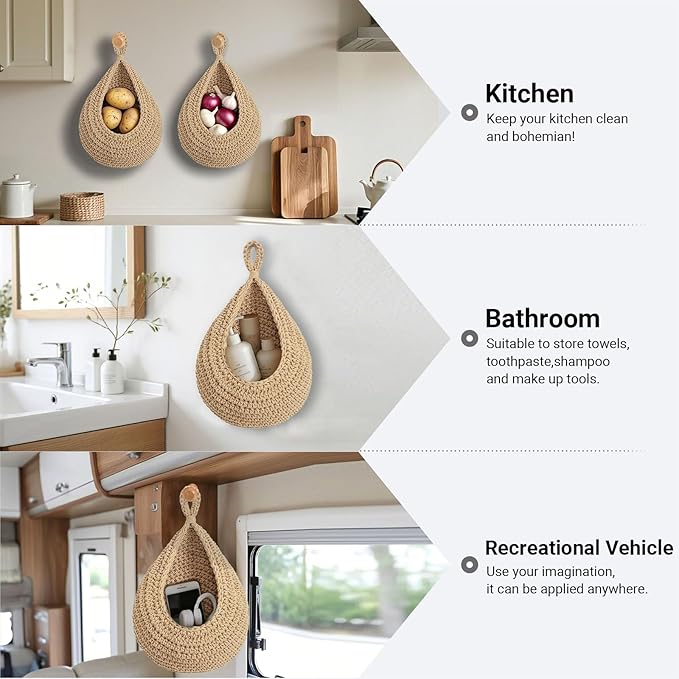 Halidali Hanging Fruit Baskets for Kitchen, 3 Pack Boho Cotton Rope Handwoven Vegetable Storage Wall Mounted Large Organizing Basket for Farmhouse Decor, Onion, Potato, Garlic and Plants (Linen)