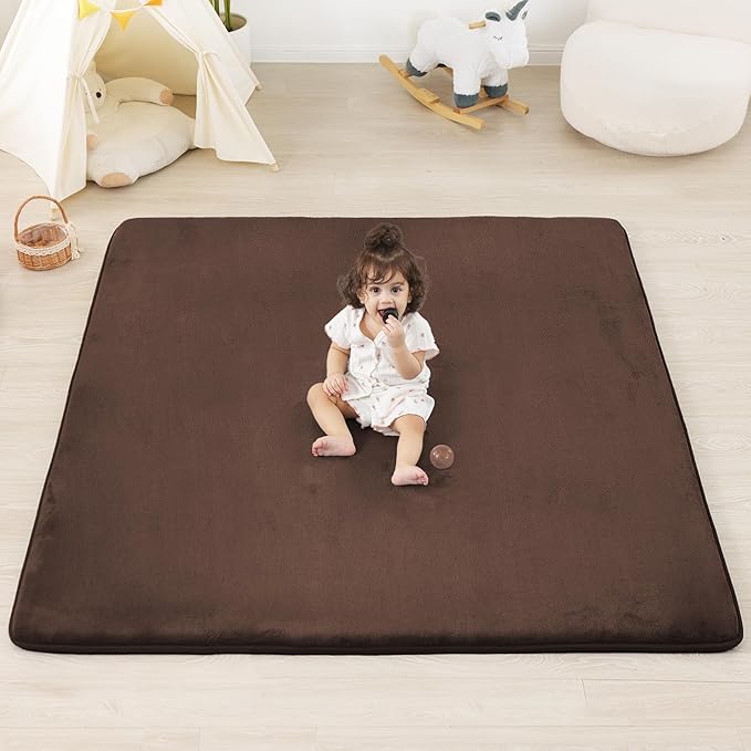 1.3" Thick Baby Floor Play Mat 50x50, Basic Padded Foam Mat for Tummy Time Crawling, Non Slip Cushioned for Babies Toddlers Infants Kids (Brown)