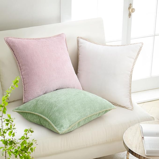 decorUhome Summer Chenille Soft Cozy Throw Pillow Covers 16x16 Set of 2, Modern Farmhouse Boho Velvet Decorative Pillow Cases with Stitched Edge for Couch Sofa Bed Home Decor, Blush Pink