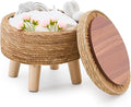 Cpintltr Storage Ottoman Poufs Handwoven Footstool Natural Seagrass Round Footrest Stool with 4 Wood Legs Soft Padded Outdoor Seat for Hallway Lounge Bedroom Garden
