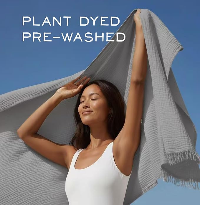 KyraHome 100% Organic Cotton Throw Blanket, 90x104 King Size Muslin Blankets for Adults, Couch, Plant Dyed, Breathable Lightweight Gauze Bed Throw Blanket All Season, Light Grey,