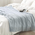Homiest Decorative Knitted Throw Blanket with Fringe, Lightweight Acrylic Knit Blanket, Soft & Cozy Tassel Blanket for Couch Sofa Bed (Mist Blue, 60 x 80 Inch)
