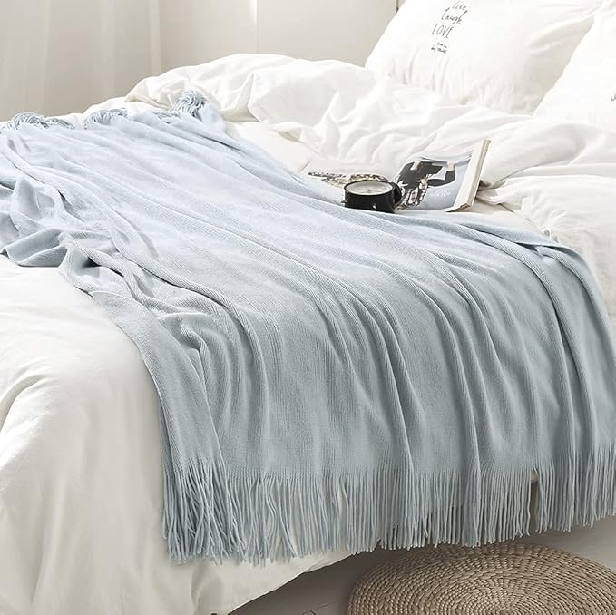 Homiest Decorative Knitted Throw Blanket with Fringe, Lightweight Acrylic Knit Blanket, Soft & Cozy Tassel Blanket for Couch Sofa Bed (Mist Blue, 60 x 80 Inch)