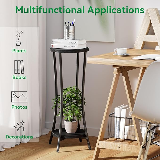 IBUYKE 30 Inch Tall Plant Stand Indoor, 2 Tier Wood Corner Plant Stand, Modern Round Plant Shelf Flower Stand for Living Room Patio Balcony Garden, Black TMJ074B