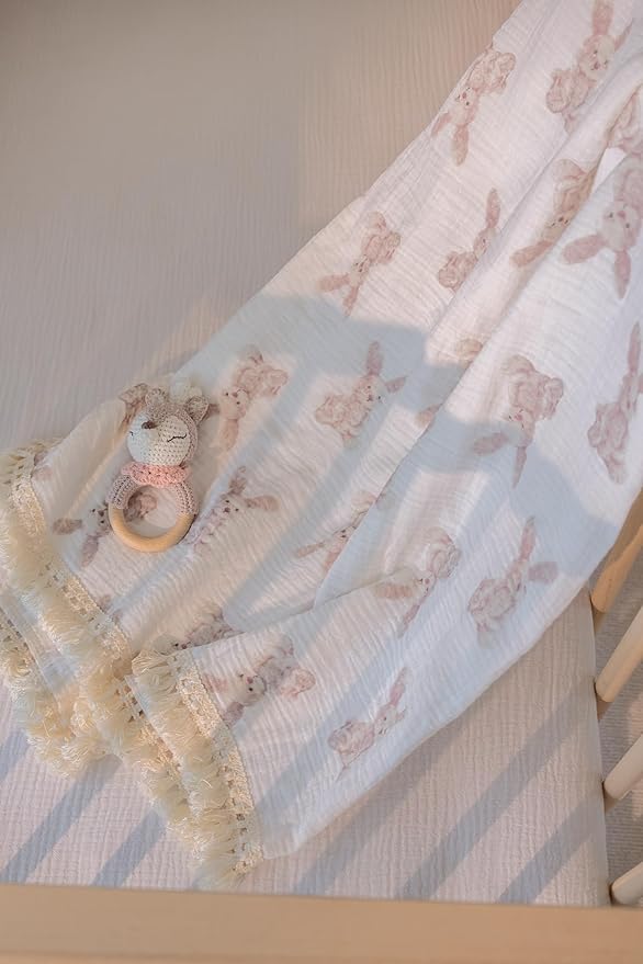 Little Jump Cotton Muslin Swaddle Blankets with Tassel, Boho Bohimia Muslin Baby Blanket Neutral with Fringe, Vintage Teddy Bear Nursery Decor Muslin Throw Blanket 47" x40" (Bunny)