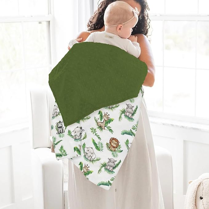 Cute Jungle Safari Animals Green Tropical Leaves Baby Blankets for Girl Boy Lion Giraffe Elephant Zebra Soft Mink Dotted Backing Double Layer Swaddle Blanket Bed Throws for Newborn Toddler Crib 30x40