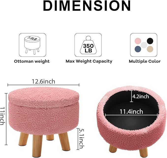 Pink Storage Ottoman Foot Rest, Small Sherpa Ottoman with Storage, Cute Round Foot Stool, Modern Pouf Ottomans Coffee Table, Boucle Teddy Footstools for Couch, Living room, Nursery, Dorm, Enterway