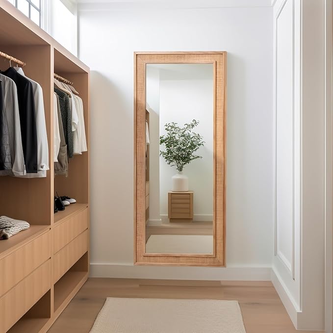 Rattan Full Length Mirror,14"x48" Long Rattan Wall Mirror,Wooden Mirror with Wicker Frame,Decorative Full Body Mirror Hanging,Farmhouse Rectangle Floor Mirror for Bathroom Living Dressing Room Nature