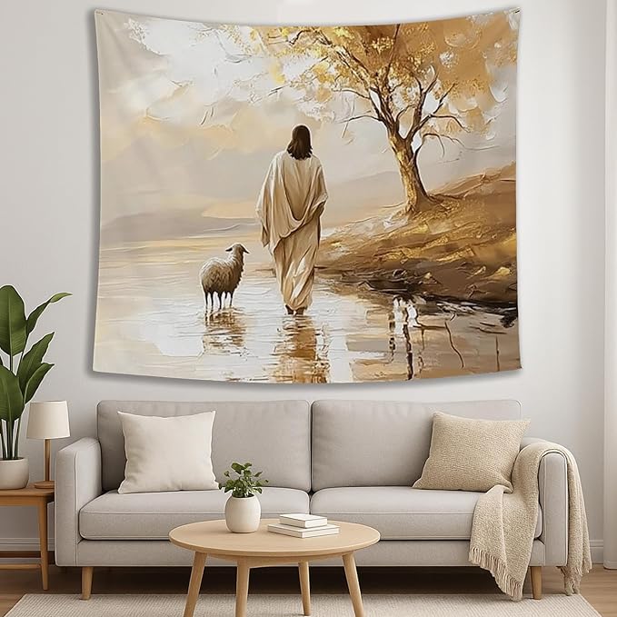 bitCNY Jesus and Sheep Tapestry 60x50 Inches – Autumn Christian Wall Art, Religious Home Decor, Pastoral Faith Tapestry for Living Room Bedroom