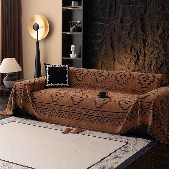 ROOMLIFE Brown Couch Cover 3 Cushion Sofa, Washable Non Slip Furniture Sofa Protector Cover, Soft Chenille Sofa Slipcovers Sectional L Shape Dogs Couch Cover Throw Blanket with Tassels 71''X118''